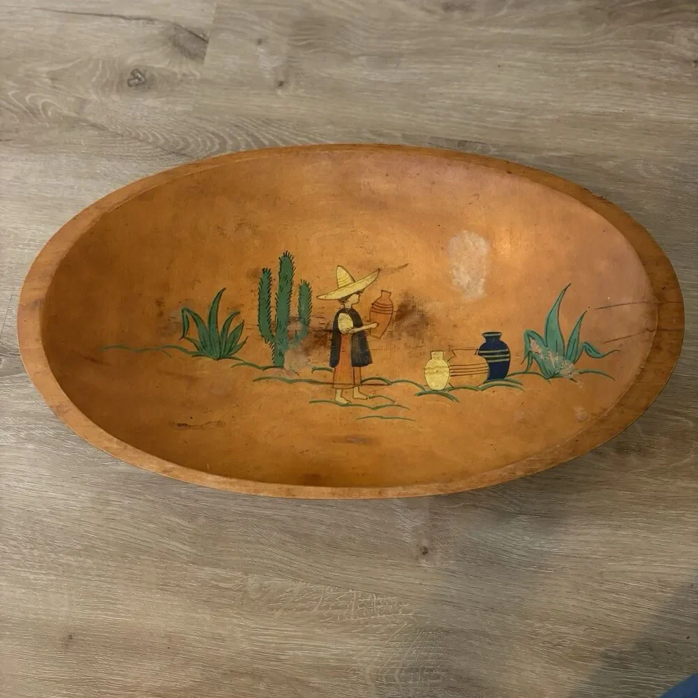 ⁠1930s VTG HandPainted Wood DoughBowl Mexican Southwestern Cactus 17